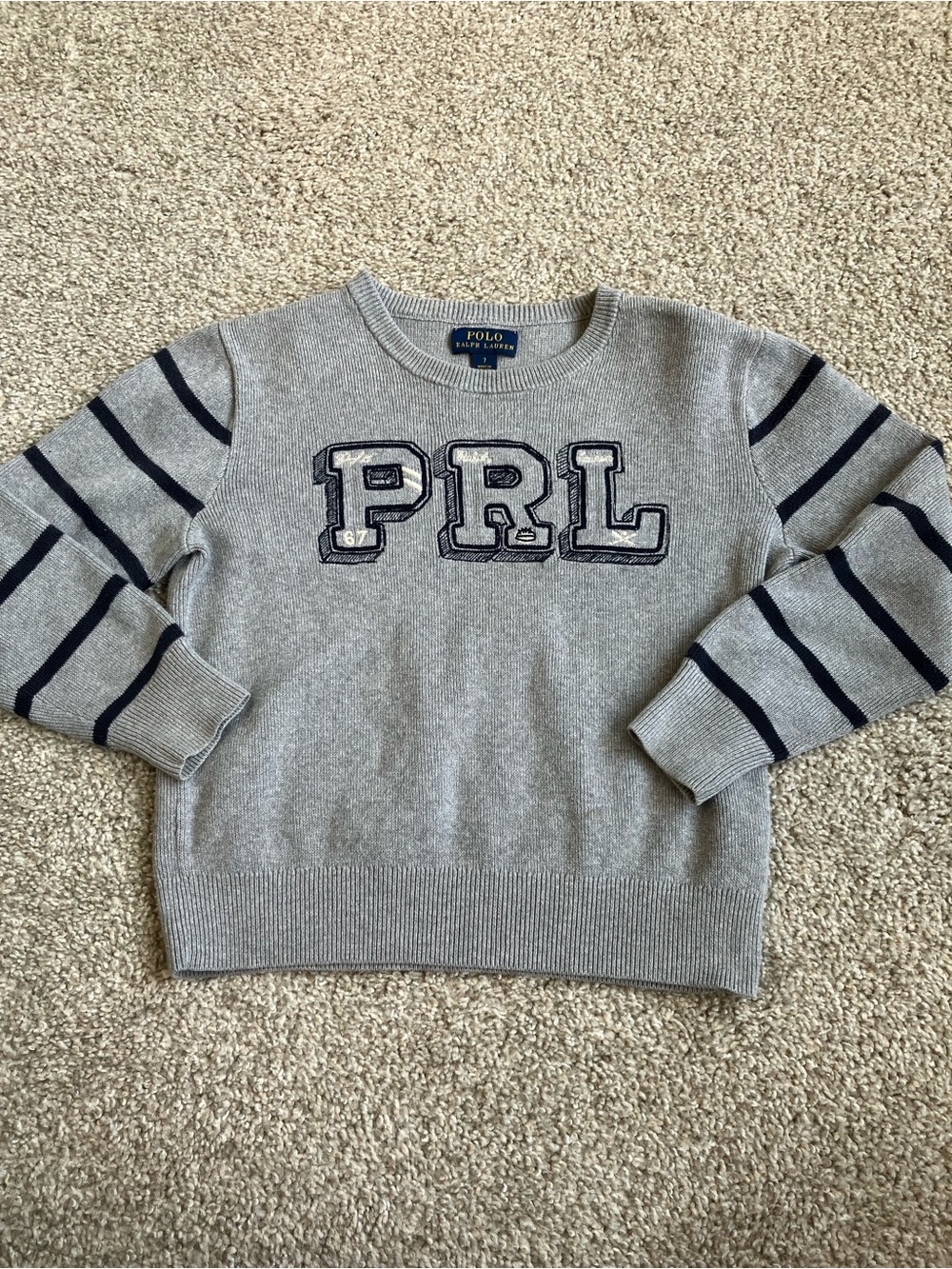 Polo by Ralph Lauren Gray Sweater with Navy Stripes and PRL Applique